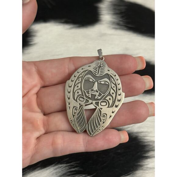Southwest Jewelry - Huge Native American Sterling Silver Indian Skull Chief Headdress Pendant Signed